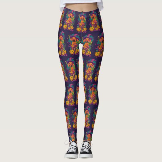 Spooky Vizsla Hond Halloween Heks en Pompoen Leggings (Voorkant)