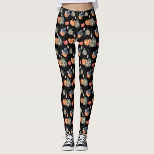 Spooky Waterverf pompoenen Leggings (Voorkant)