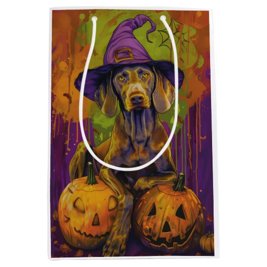 Spooky Weimaraner hond Halloween heks en pompoen Medium Cadeauzakje (Voorkant)