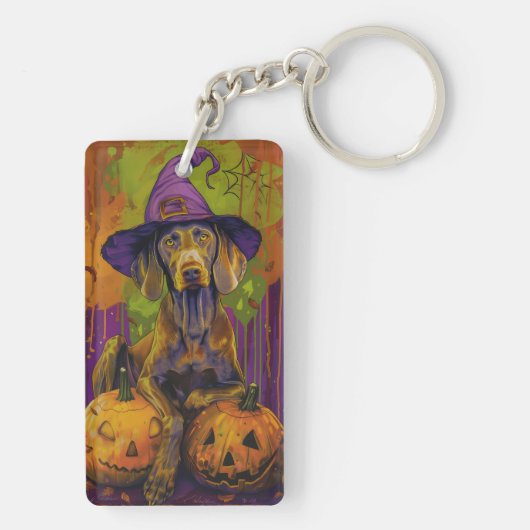 Spooky Weimaraner hond Halloween heks en pompoen Sleutelhanger (achterkant)