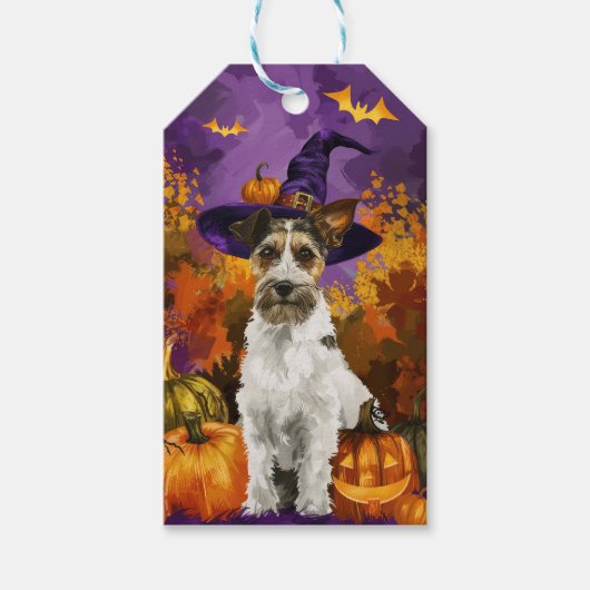 Spooky Wirefox Terrier Hond Halloween Heksenpompoe Cadeaulabel (Voorkant)