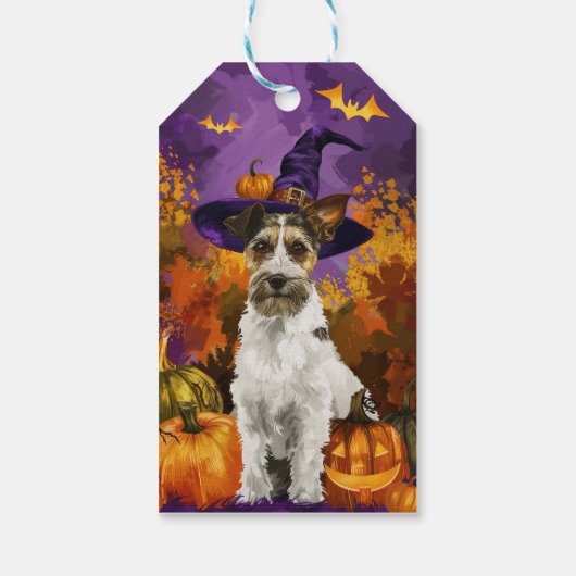 Spooky Wirefox Terrier Hond Halloween Heksenpompoe Cadeaulabel (Achterkant)