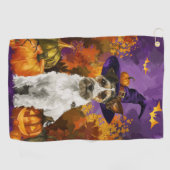 Spooky Wirefox Terrier Hond Halloween Heksenpompoe Golfhanddoek (Horizontaal)