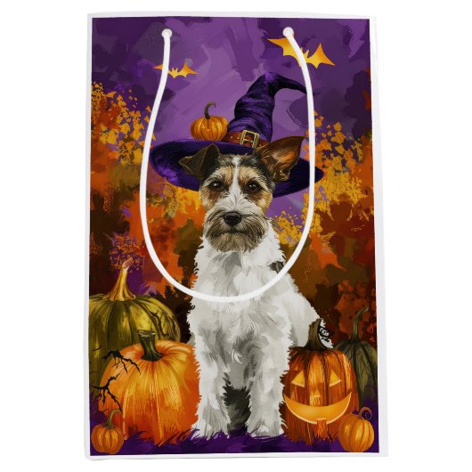 Spooky Wirefox Terrier Hond Halloween Heksenpompoe Medium Cadeauzakje (Voorkant)
