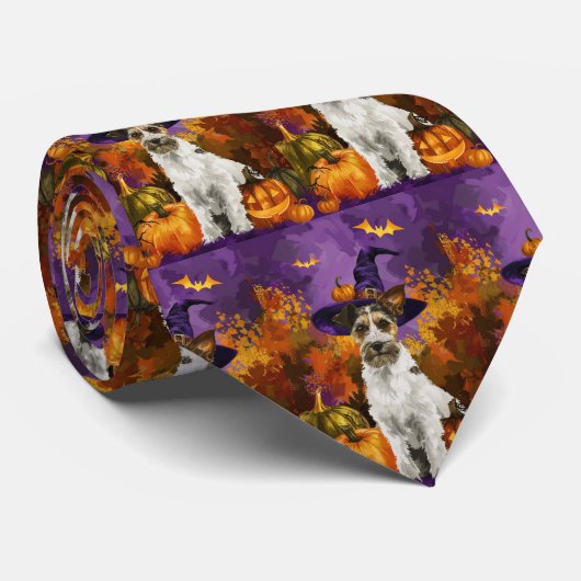 Spooky Wirefox Terrier Hond Halloween Heksenpompoe Stropdas (Opgerold)
