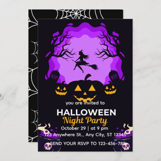 Spooky Witch Halloween Night Party Invitation Kaart (Voorkant / Achterkant)