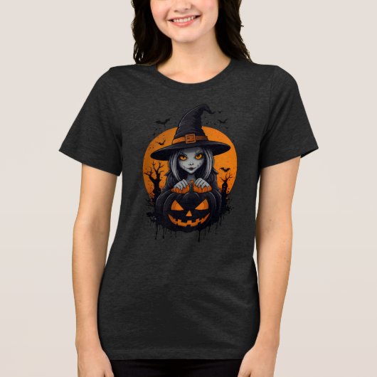 Spooky Witch with Jack-o’-Lantern Art Tri-Blend Shirt (Voorkant)