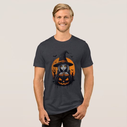 Spooky Witch with Jack-o’-Lantern Art Tri-Blend Shirt (Voorkant volledig)