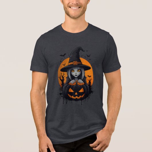 Spooky Witch with Jack-o’-Lantern Art Tri-Blend Shirt (Voorkant)