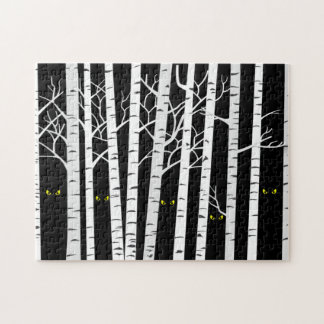 Spooky Yellow Halloween Eyes in Birch Forest Legpuzzel