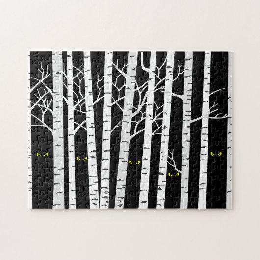 Spooky Yellow Halloween Eyes in Birch Forest Legpuzzel (Horizontaal)