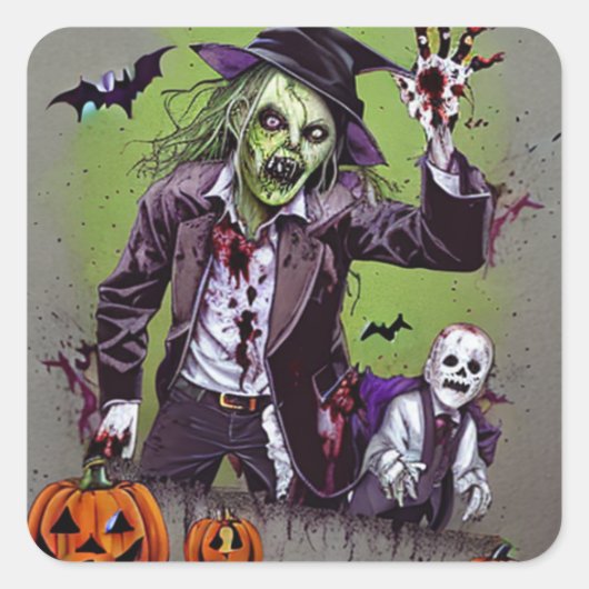 Spooky Zombies  Halloween Vierkante Sticker (Voorkant)