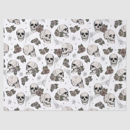 Spooky zwart en wit Bloemen Kleine Schedel Hallowe Tissuepapier (Voorkant)