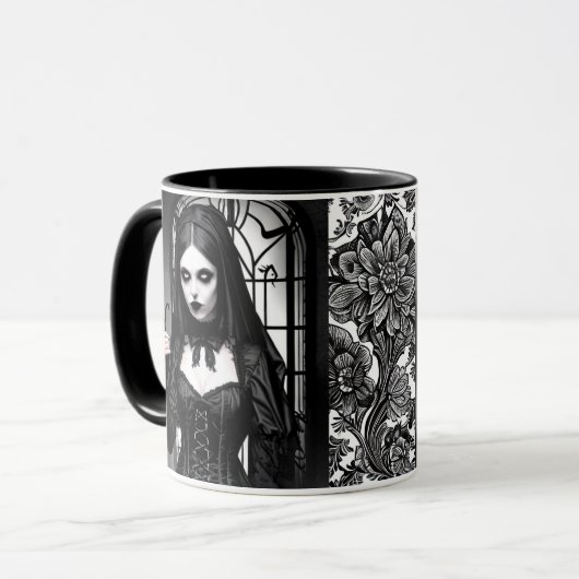 Spooky zwart en wit gotisch meisje mok (Voorkant links)