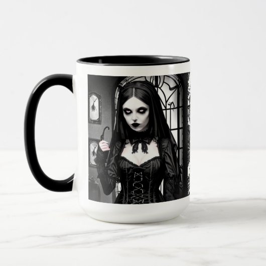 Spooky zwart en wit gotisch meisje mok (Links)