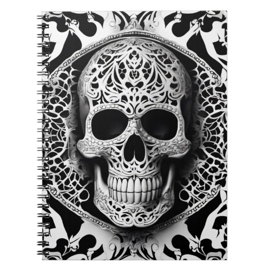 Spooky zwart & wit lachende kant schedel notitieboek (Voorkant)
