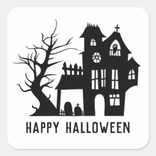 Spooky zwart wit spookhuis. Happy Halloween Vierkante Sticker