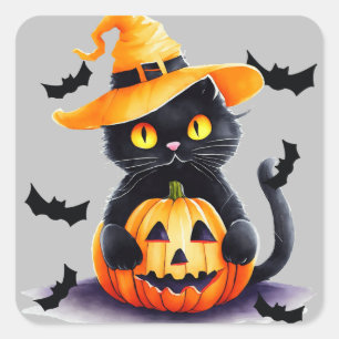 Spooky zwarte kat en pompoen Halloween Vierkante Sticker