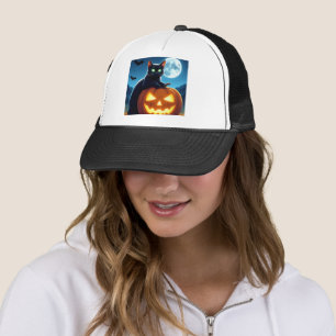 Spooky zwarte kat op pompoen Halloween Trucker Hat Pet
