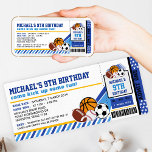 Sport All Star Bicket Pass Invitation Anniversaire<br><div class="desc">Venez vous amuser ! Fêtez votre anniversaire avec notre invitation Sport Party. Le design comprend du basket, du baseball, du rugby, du football américain et des boules de football sur des bandes bleues foncées sous la forme de billets d'entrée avec admettre un texte sur le fond. Cette invitation à billets...</div>