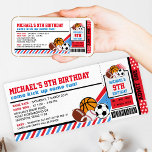 Sport All Star Bicket Pass Invitation Anniversaire<br><div class="desc">Venez vous amuser ! Fêtez votre anniversaire avec notre invitation Sport Party. Le design comprend du basket-ball, du baseball, du rugby, du football américain et des balles de football sur des bandes rouges et bleues sous la forme de billets d'entrée avec admettre un texte sur le fond. Cette invitation à...</div>