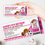 Sport All Star Bicket Pass Invitation Anniversaire<br><div class="desc">Venez vous amuser ! Fêtez votre anniversaire avec notre invitation Sport Party. Le design comprend du basket, du baseball, du rugby, du football américain et des boules de football sur des bandes roses sous la forme de billets d'entrée avec un texte sur le fond. Cette invitation à billets sport allstar...</div>