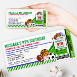 Sport All Star Bicket Pass Invitation Anniversaire<br><div class="desc">Venez vous amuser ! Fêtez votre anniversaire avec notre invitation Sport Party. Le design comprend du basket, du baseball, du rugby, du football américain et des balles de football sur des bandes bleues foncées, orange et vertes sous la forme de billets d'entrée avec admettre un texte sur le fond. Cette...</div>