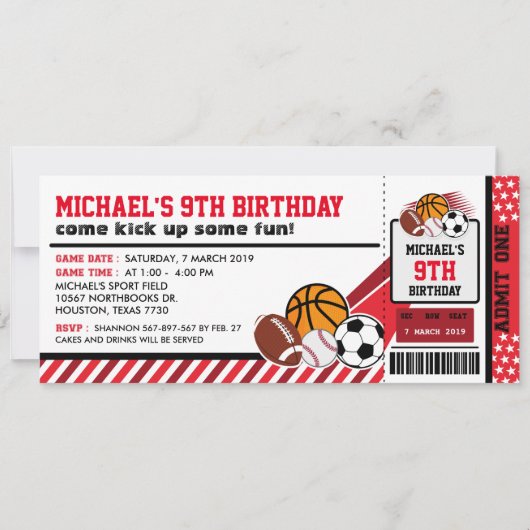 Sport All Star Ticket Pass Birthday Uitnodiging (Voorkant)