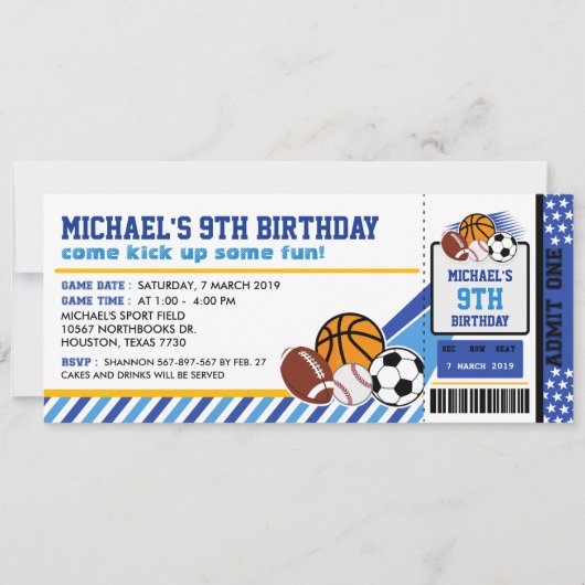 Sport All Star Ticket Pass Birthday Uitnodiging (Voorkant)