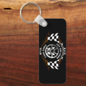 Sport auto racen geruite burn-out vlammen cool sleutelhanger (Voorkant)