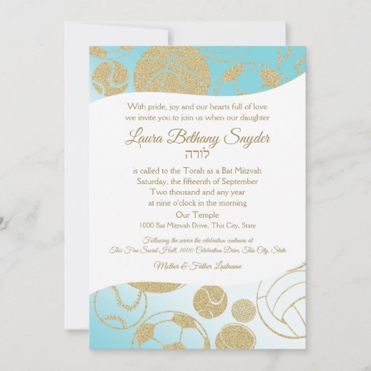 Sport Bat Mitswa blauw en goud Kaart (Voorkant)