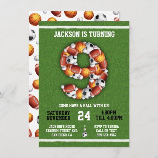 Sport met de 9 ^ e verjaardag van de uitnodiging v (Voorkant / Achterkant)