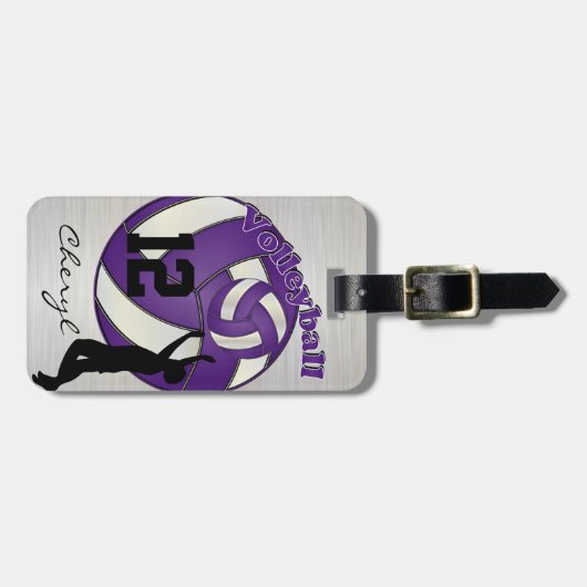 Sport Paars Volleybal | Naam en nummer DIY Bagagelabel (Voorkant horizontaal)