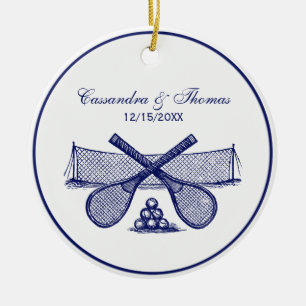 Sport Tennis Net, Gekruiste Rackets, Ballen Blauw Keramisch Ornament