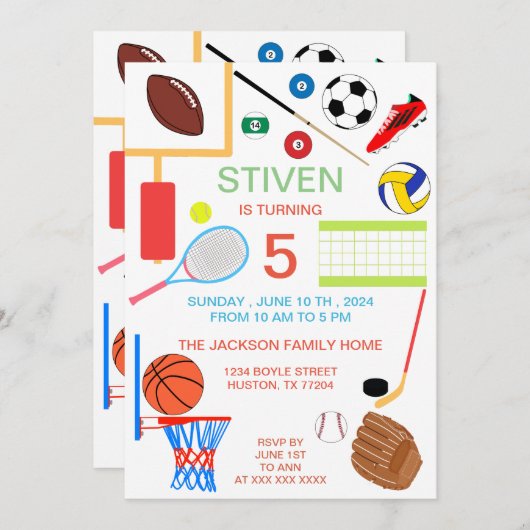 Sport verjaardag kleurrijk kaart (Voorkant / Achterkant)