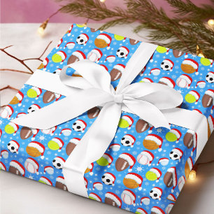 Sportballen met Kerstmannenhoed Kerstmis Blauw Cadeaupapier