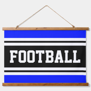 Sportief levendig blauw zwart wit strepen FOOTBALL Hangend Wandkleed