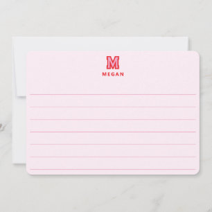 Sportief monogram, grote platte kaart met roze lij notitiekaartje