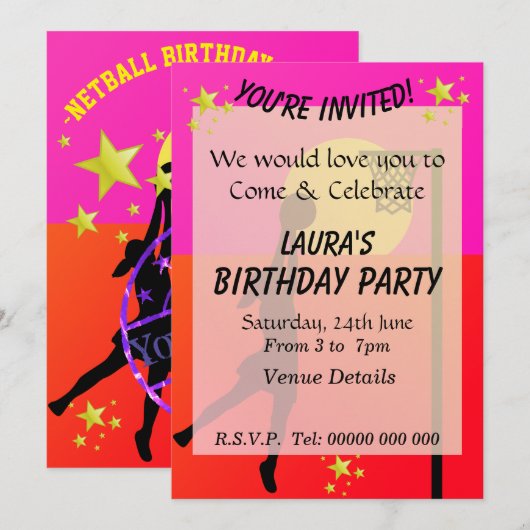 Sportief Netball Themafeest Kaart (Voorkant / Achterkant)