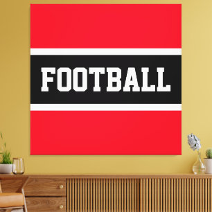 Sportief zwart helderrood wit FOOTBALL strepen Canvas Afdruk