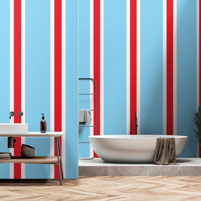 Sportieve Helder Rood Baby Blauw Wit Racing Stripe Behang (Badkamer)