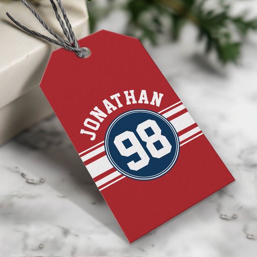 SportJersey Navy Blue & Red Stripes Name Number Cadeaulabel