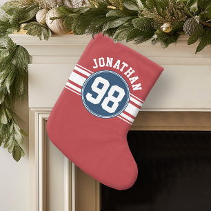 SportJersey Navy Blue & Red Stripes Name Number Kleine Kerstsok