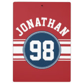 SportJersey Navy Blue & Red Stripes Name Number Klembord (Achterkant)