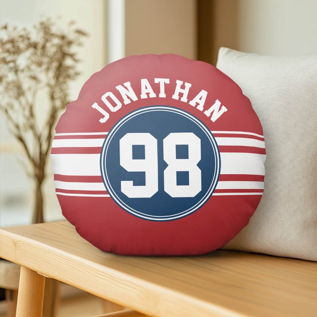 SportJersey Navy Blue & Red Stripes Name Number Rond Kussen (Custom Pillow)