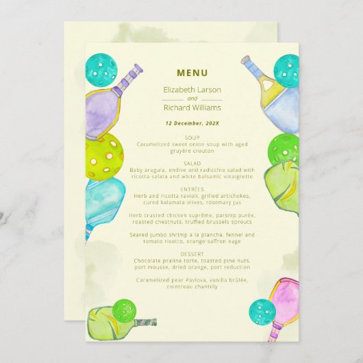 Sportliefhebber Waterverf Pickleball thema bruilof Menu (Voorkant / Achterkant)