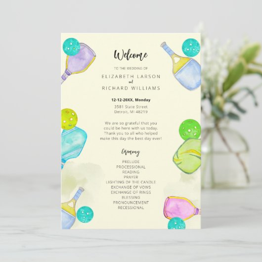 Sportliefhebber Waterverf Pickleball thema bruilof Programma (Staand voorkant)