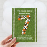 Sports 7e anniversaire Fête Invitation<br><div class="desc">Sports 7th Birthday Party Invitation pour votre enfant étoilé ! Le numéro 7 est composé de balles de football, de balles de football, de basket et de balles de golf sur un arrière - plan d'herbe verte. Le design se poursuit sur le dos qui ressemble à un maillot avec son...</div>