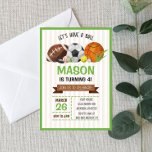 Sports à thème Anniversaire Invitation<br><div class="desc">C'est un invitation de fête d'anniversaire à thème sportif pour un garçon. Faisons un bal ! Ce design comprend le football,  le basket-ball,  le football,  le hockey,  le golf,  le baseball et le tennis. Vert et marron. Parfait pour un thème d'anniversaire enfant/enfant.</div>
