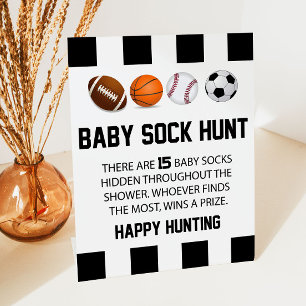 Sports Baby Sock Hunt Baby shower Game Sign Reclamebord Met Voetstuk
